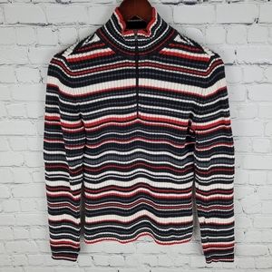 TOMMY HILFIGER | striped ribbed knit ⅓ zip turtleneck long sleeve sweater